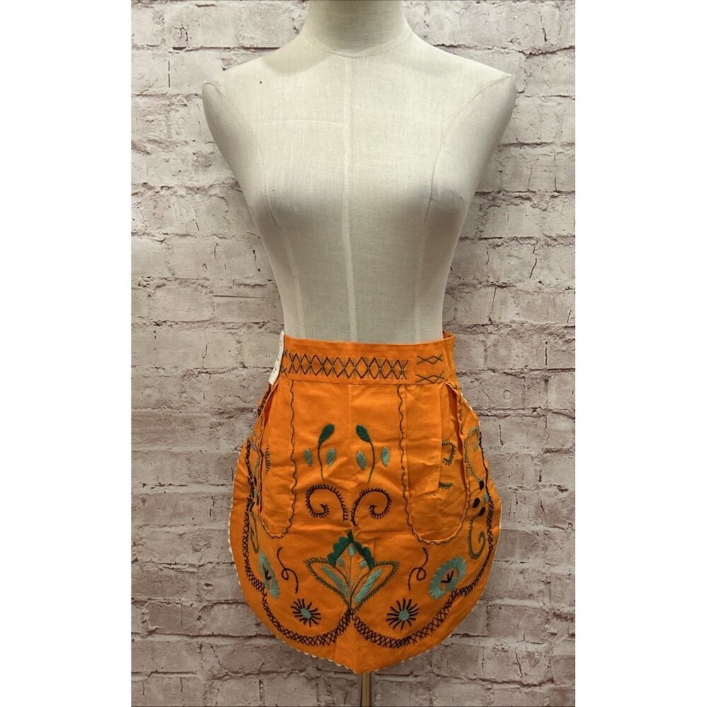 Vintage Portugal Orange Cotton Embroidered Half Apron Large Pocket Souvenir